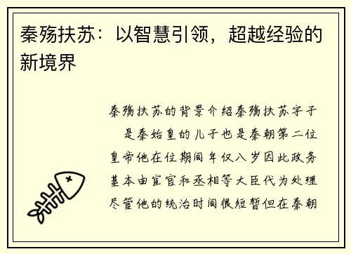 秦殇扶苏：以智慧引领，超越经验的新境界